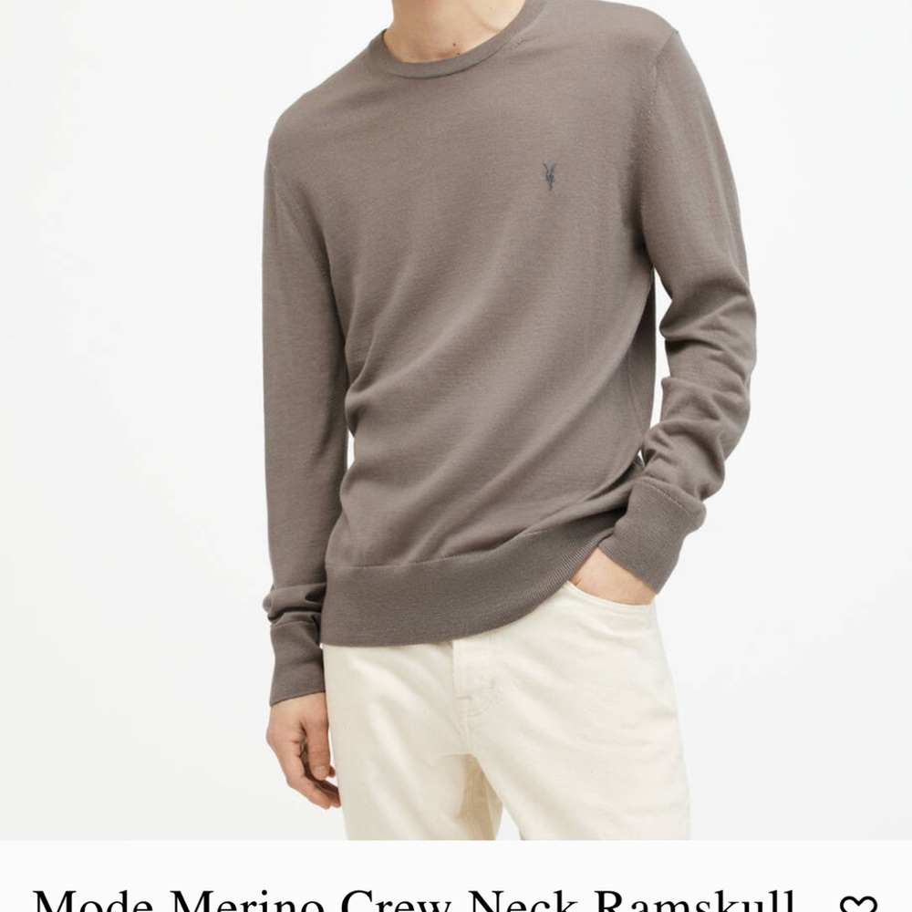 All saints men crew neck merino wool sweater chest nut color , taupe
